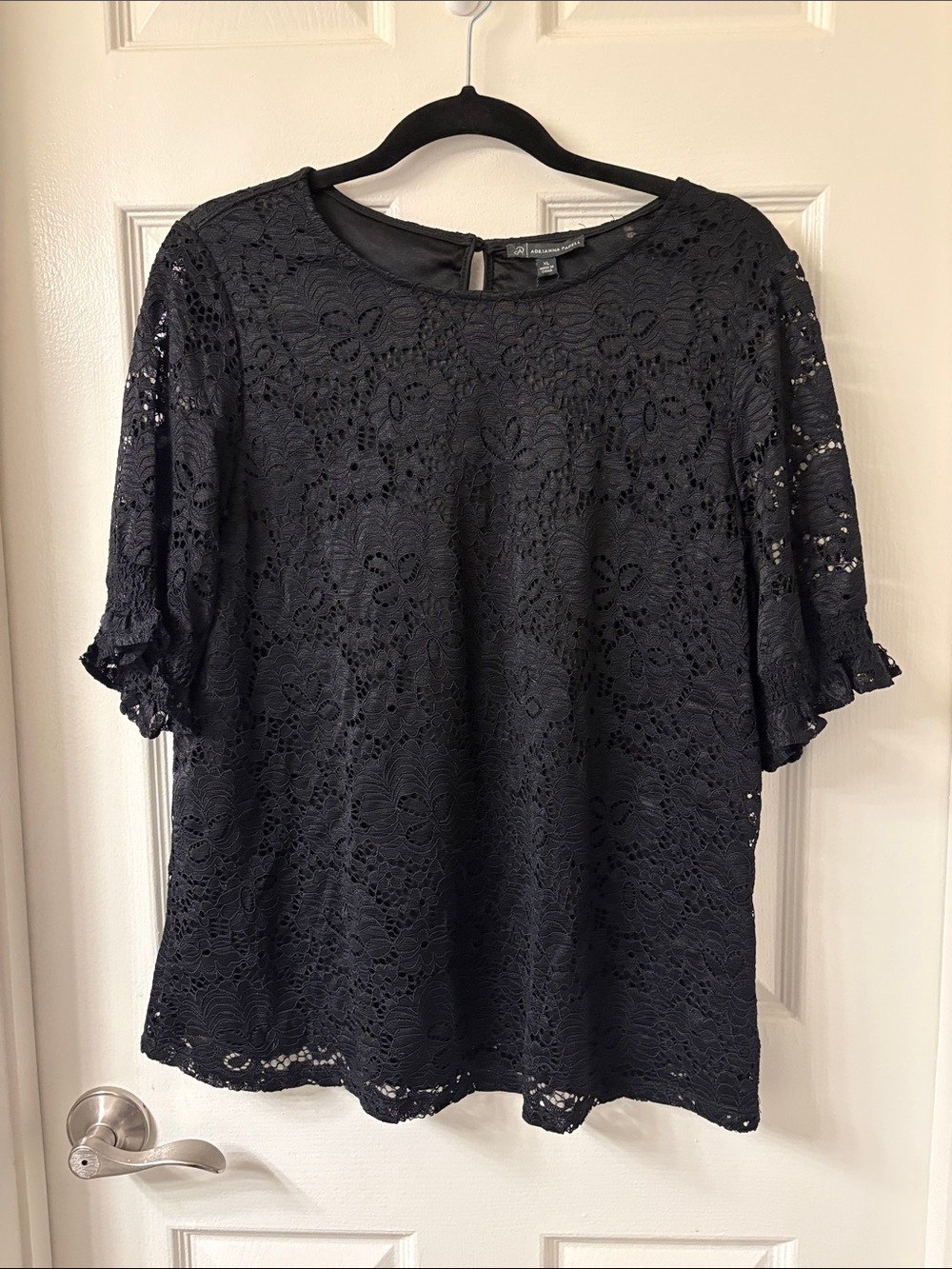 Adrianna Papell Black Floral Lace Short Sleeve Blouse